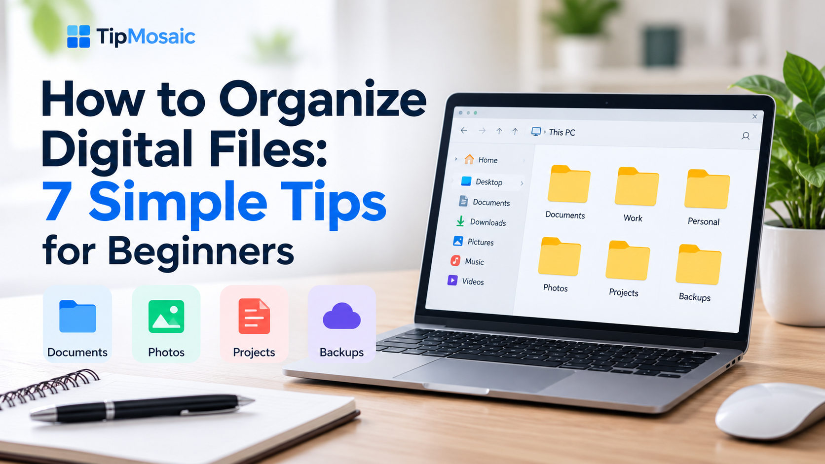 A laptop displaying organized digital folders for documents, photos, projects, and backups.